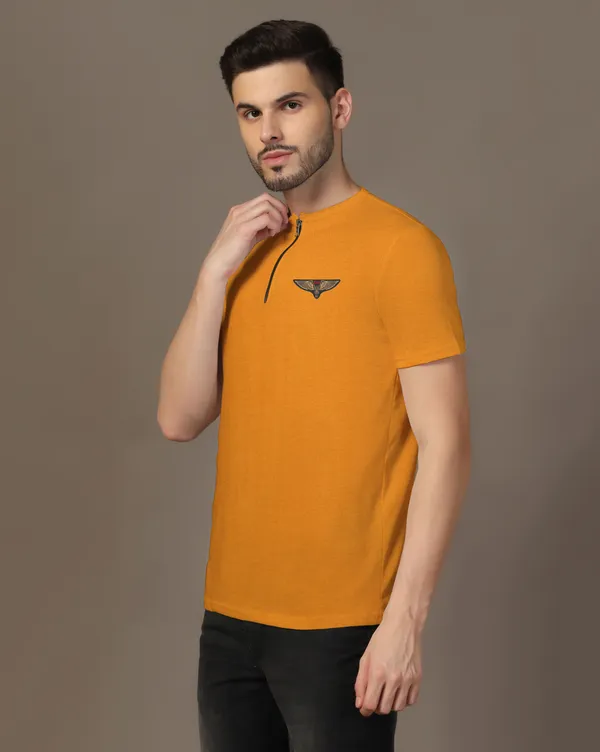 Mustard_Cotton_Blend_Mandarin_Collar_Half_Sleeve_T_Shirt_For_Men