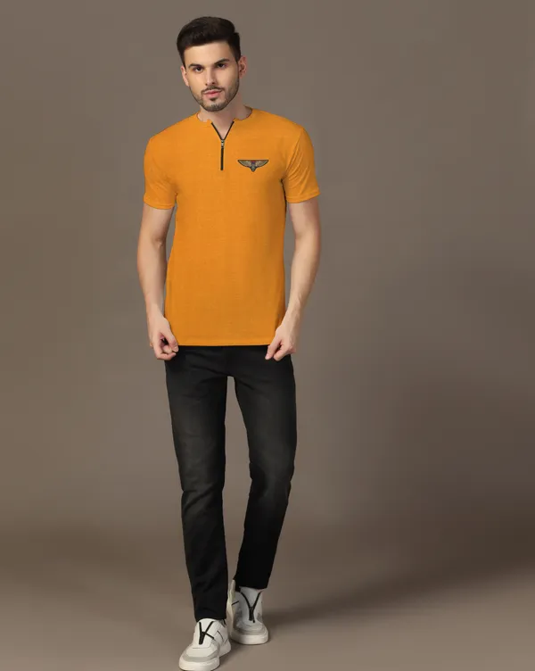 Mustard_Cotton_Blend_Mandarin_Collar_Half_Sleeve_T_Shirt_For_Men