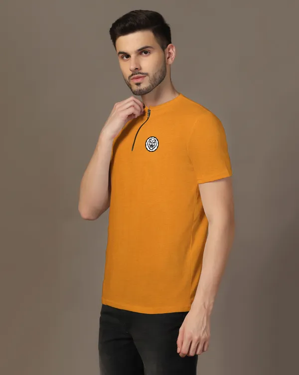 Mustard_Cotton_Blend_Mandarin_Collar_Half_Sleeve_T_Shirt_For_Men