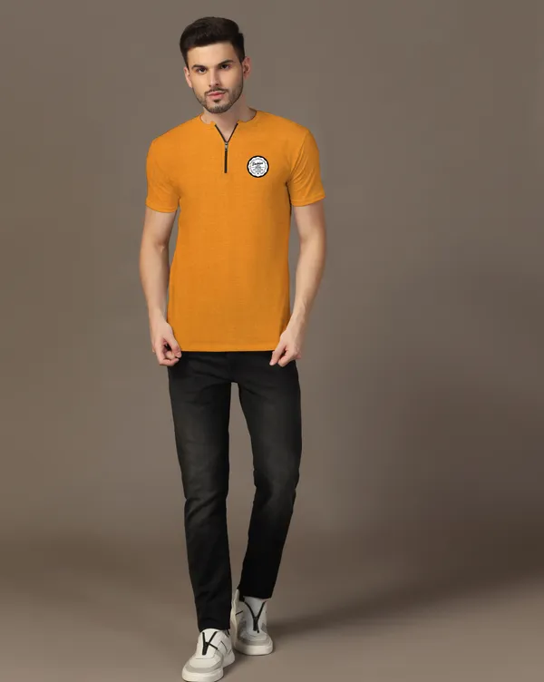 Mustard_Cotton_Blend_Mandarin_Collar_Half_Sleeve_T_Shirt_For_Men