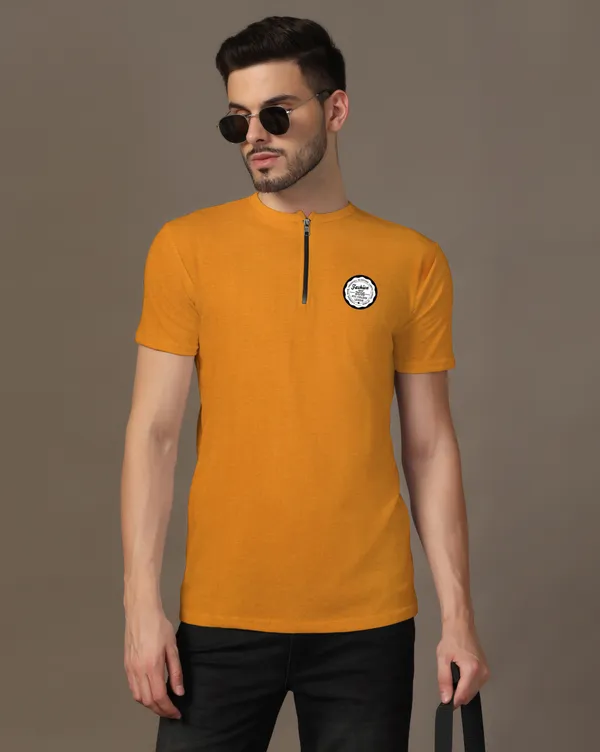 Mustard_Cotton_Blend_Mandarin_Collar_Half_Sleeve_T_Shirt_For_Men