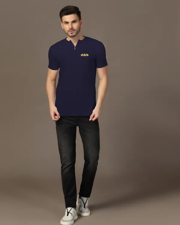 Dark_Blue_Cotton_Blend_Mandarin_Collar_Half_Sleeve_T_Shirt_For_Men