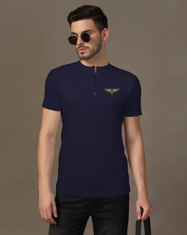 Dark_Blue_Cotton_Blend_Mandarin_Collar_Half_Sleeve_T_Shirt_For_Men