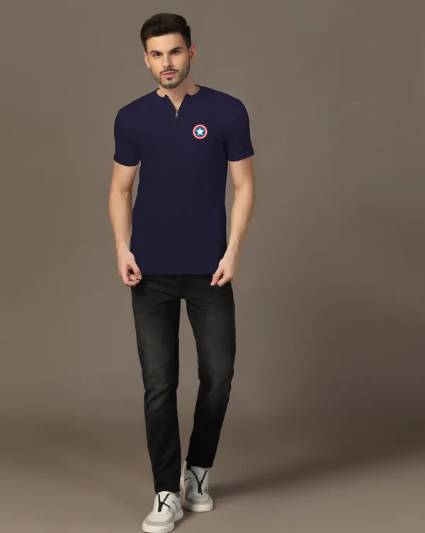 Dark_Blue_Cotton_Blend_Mandarin_Collar_Half_Sleeve_T_Shirt_For_Men