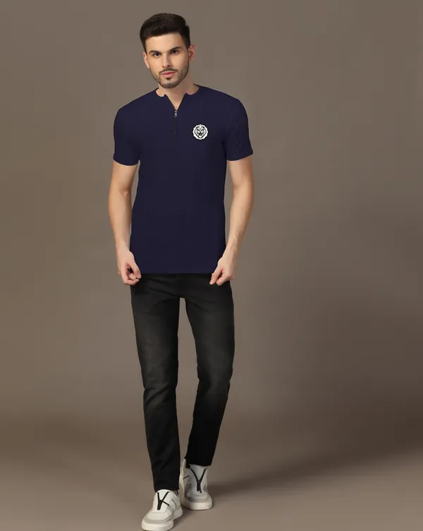 Dark_Blue_Cotton_Blend_Mandarin_Collar_Half_Sleeve_T_Shirt_For_Men