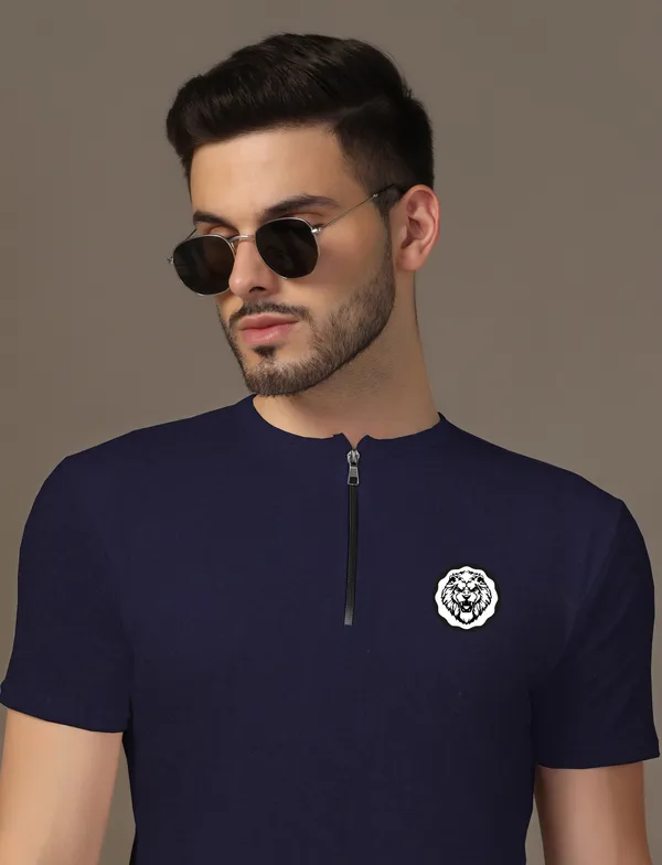 Dark_Blue_Cotton_Blend_Mandarin_Collar_Half_Sleeve_T_Shirt_For_Men