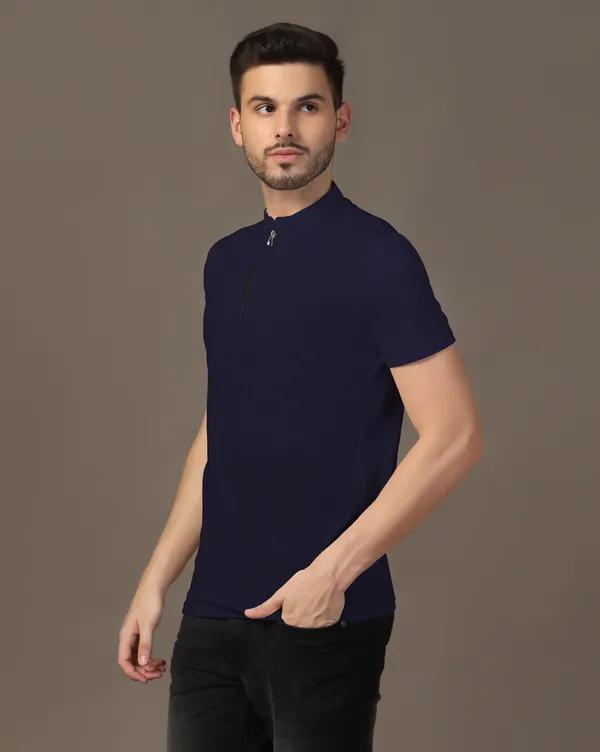 Dark_Blue_Cotton_Blend_Mandarin_Collar_Half_Sleeve_T_Shirt_For_Men