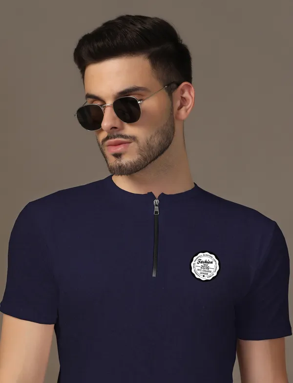 Dark_Blue_Cotton_Blend_Mandarin_Collar_Half_Sleeve_T_Shirt_For_Men