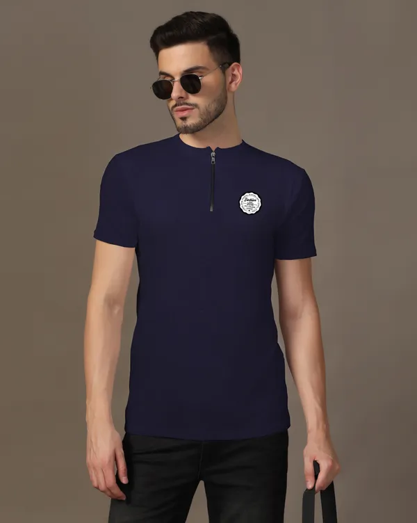 Dark_Blue_Cotton_Blend_Mandarin_Collar_Half_Sleeve_T_Shirt_For_Men