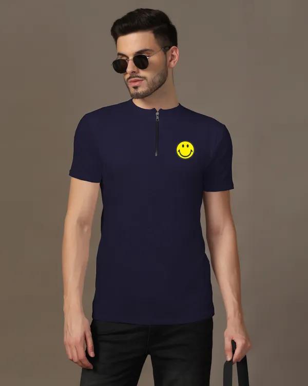 Dark_Blue_Cotton_Blend_Mandarin_Collar_Half_Sleeve_T_Shirt_For_Men