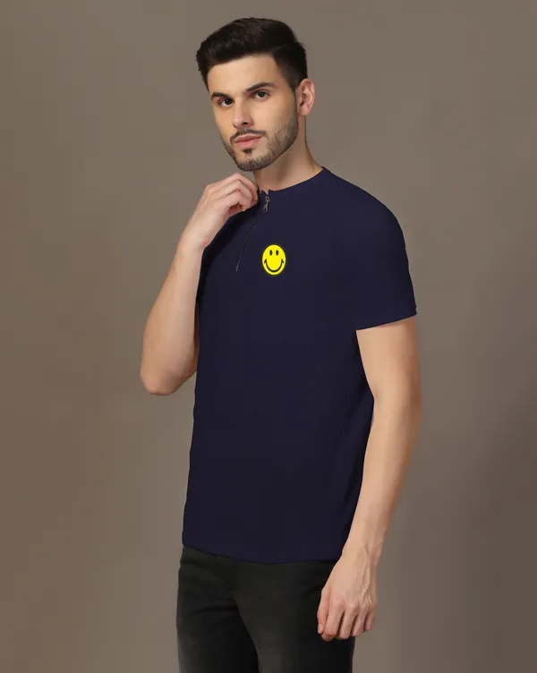 Dark_Blue_Cotton_Blend_Mandarin_Collar_Half_Sleeve_T_Shirt_For_Men