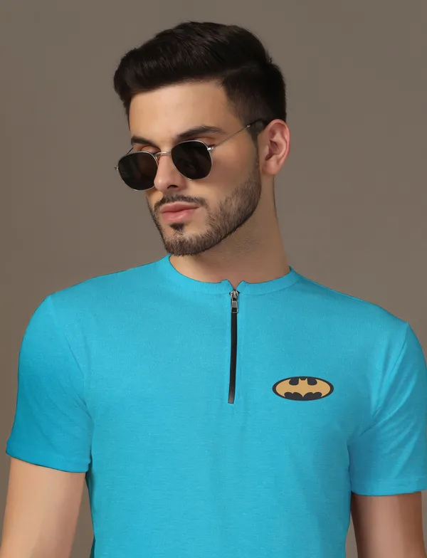 Turquoise_Cotton_Blend_Mandarin_Collar_Half_Sleeve_T_Shirt_For_Men