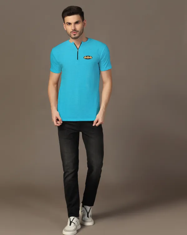 Turquoise_Cotton_Blend_Mandarin_Collar_Half_Sleeve_T_Shirt_For_Men