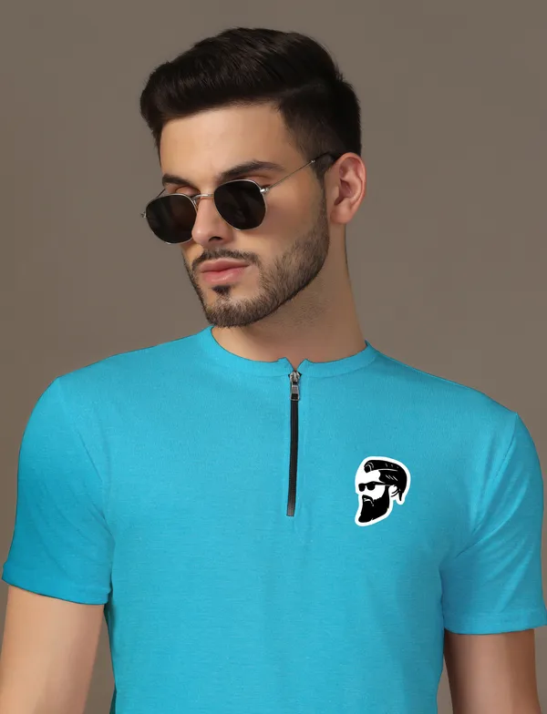 Turquoise_Cotton_Blend_Mandarin_Collar_Half_Sleeve_T_Shirt_For_Men