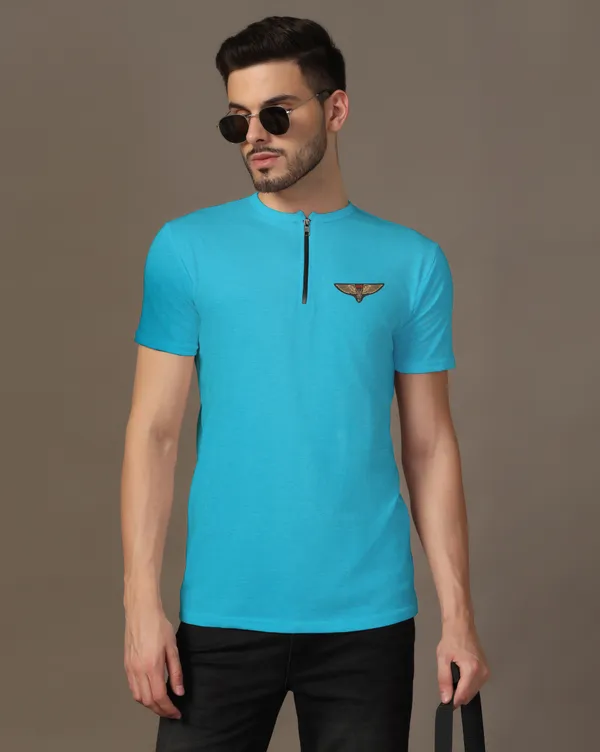Turquoise_Cotton_Blend_Mandarin_Collar_Half_Sleeve_T_Shirt_For_Men