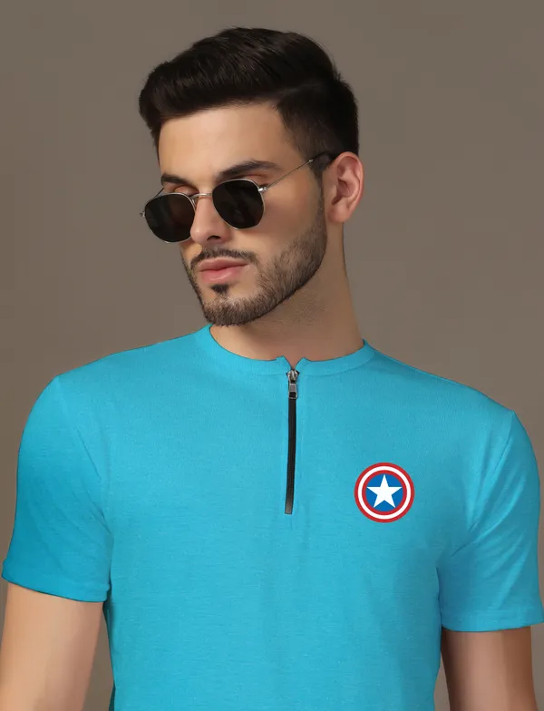 Turquoise_Cotton_Blend_Mandarin_Collar_Half_Sleeve_T_Shirt_For_Men