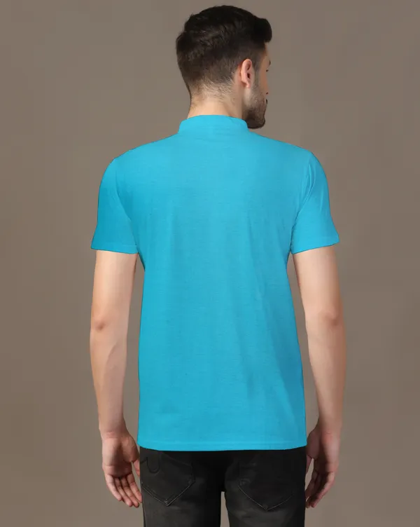 Turquoise_Cotton_Blend_Mandarin_Collar_Half_Sleeve_T_Shirt_For_Men