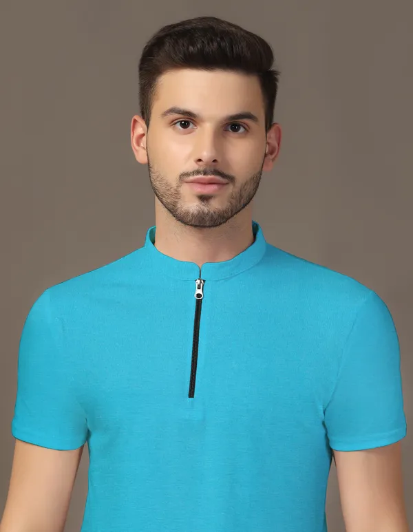 Turquoise_Cotton_Blend_Mandarin_Collar_Half_Sleeve_T_Shirt_For_Men