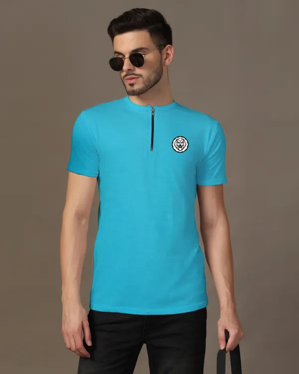Turquoise_Cotton_Blend_Mandarin_Collar_Half_Sleeve_T_Shirt_For_Men