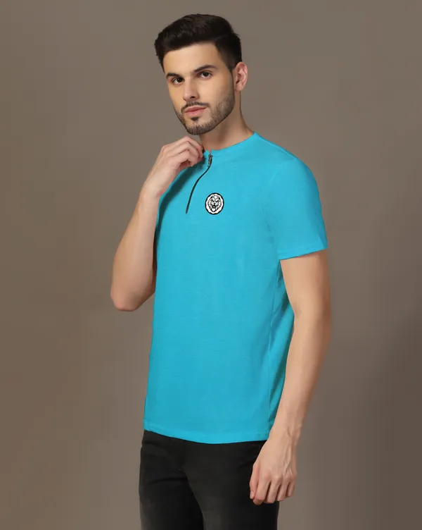 Turquoise_Cotton_Blend_Mandarin_Collar_Half_Sleeve_T_Shirt_For_Men