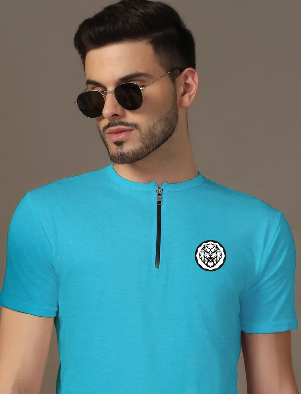 Turquoise_Cotton_Blend_Mandarin_Collar_Half_Sleeve_T_Shirt_For_Men