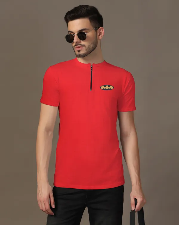 Red_Cotton_Blend_Mandarin_Collar_Half_Sleeve_T_Shirt_For_Men