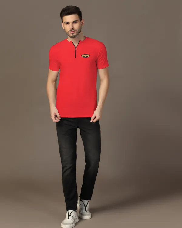 Red_Cotton_Blend_Mandarin_Collar_Half_Sleeve_T_Shirt_For_Men