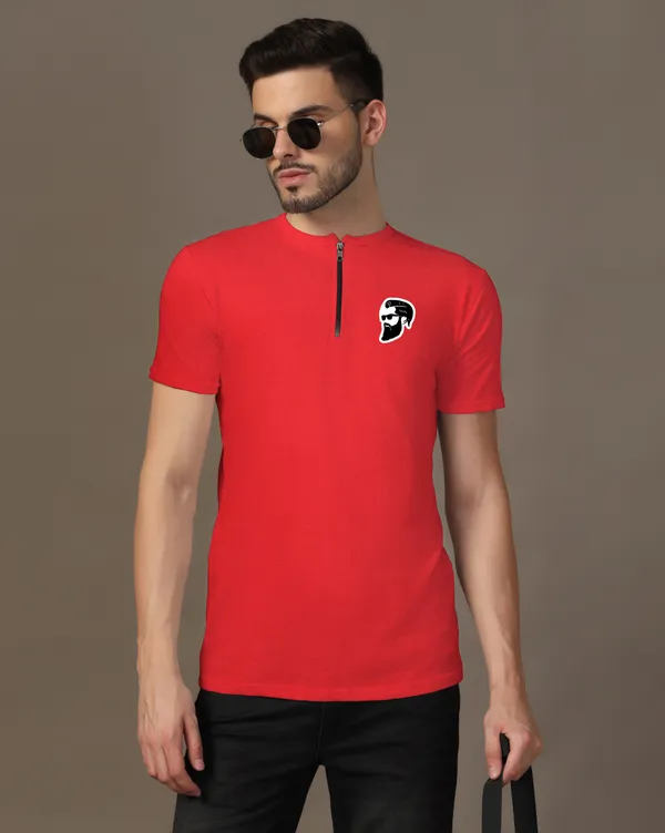 Red_Cotton_Blend_Mandarin_Collar_Half_Sleeve_T_Shirt_For_Men