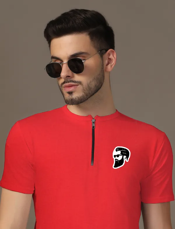 Red_Cotton_Blend_Mandarin_Collar_Half_Sleeve_T_Shirt_For_Men