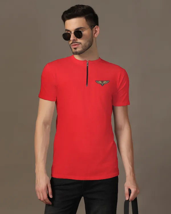 Red_Cotton_Blend_Mandarin_Collar_Half_Sleeve_T_Shirt_For_Men