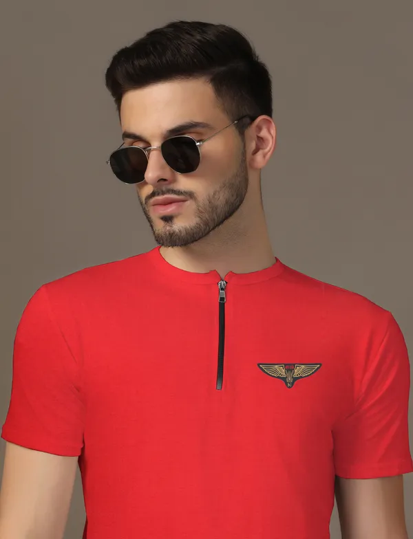 Red_Cotton_Blend_Mandarin_Collar_Half_Sleeve_T_Shirt_For_Men