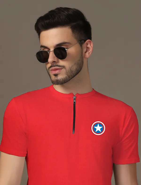 Red_Cotton_Blend_Mandarin_Collar_Half_Sleeve_T_Shirt_For_Men