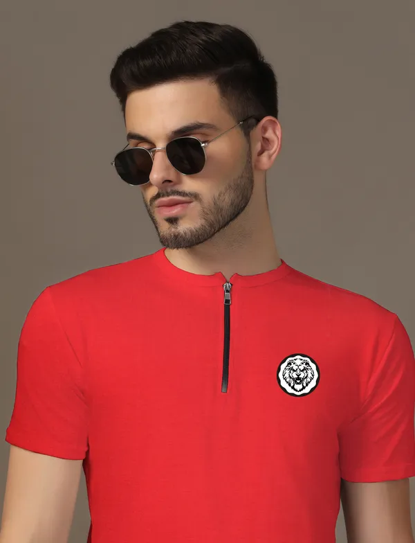 Red_Cotton_Blend_Mandarin_Collar_Half_Sleeve_T_Shirt_For_Men