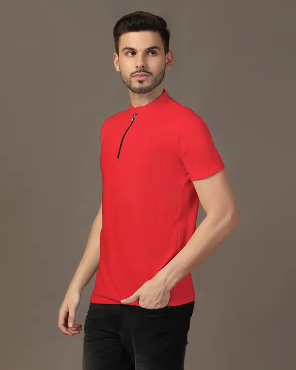 Red_Cotton_Blend_Mandarin_Collar_Half_Sleeve_T_Shirt_For_Men