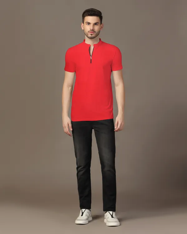 Red_Cotton_Blend_Mandarin_Collar_Half_Sleeve_T_Shirt_For_Men