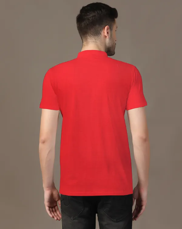 Red_Cotton_Blend_Mandarin_Collar_Half_Sleeve_T_Shirt_For_Men