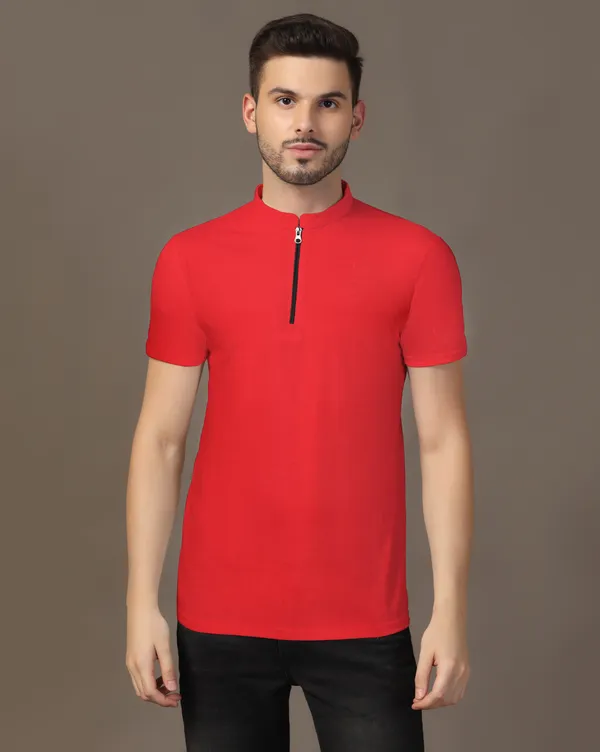 Red_Cotton_Blend_Mandarin_Collar_Half_Sleeve_T_Shirt_For_Men