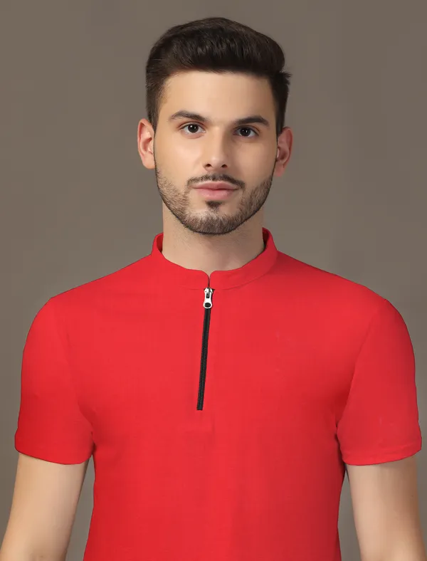 Red_Cotton_Blend_Mandarin_Collar_Half_Sleeve_T_Shirt_For_Men