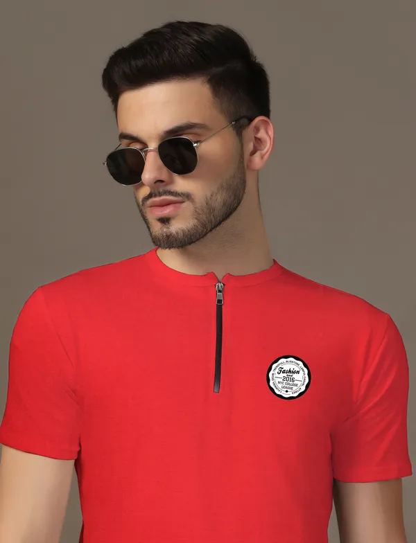 Red_Cotton_Blend_Mandarin_Collar_Half_Sleeve_T_Shirt_For_Men