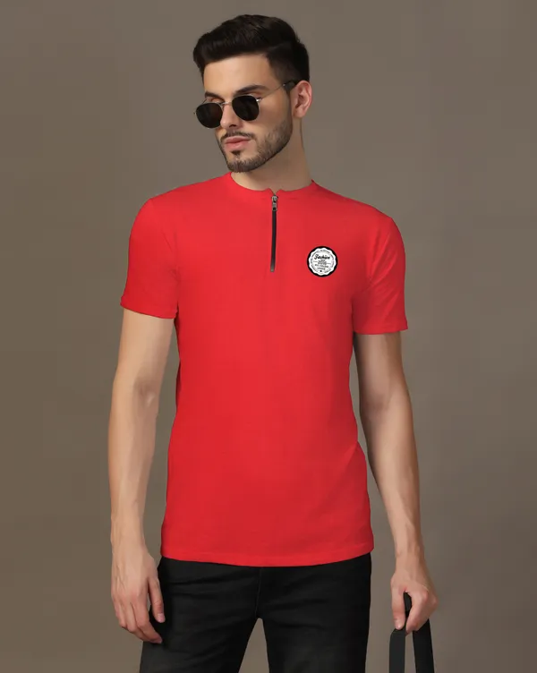 Red_Cotton_Blend_Mandarin_Collar_Half_Sleeve_T_Shirt_For_Men