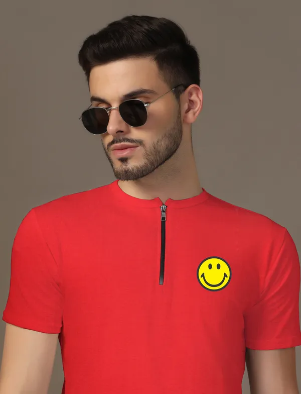 Red_Cotton_Blend_Mandarin_Collar_Half_Sleeve_T_Shirt_For_Men