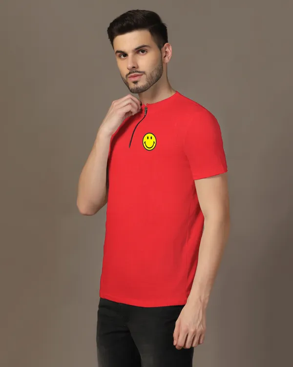 Red_Cotton_Blend_Mandarin_Collar_Half_Sleeve_T_Shirt_For_Men