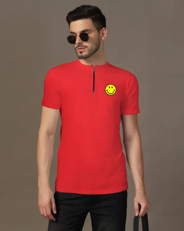 Red_Cotton_Blend_Mandarin_Collar_Half_Sleeve_T_Shirt_For_Men