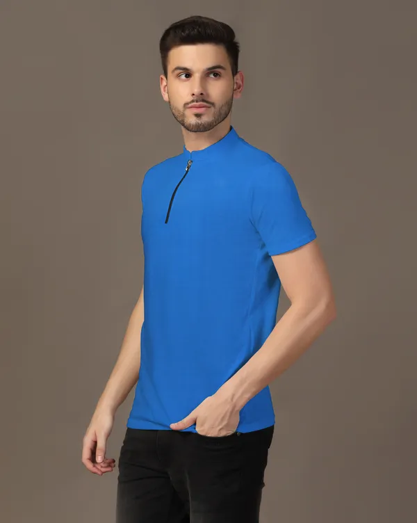 Blue_Cotton_Blend_Mandarin_Collar_Half_Sleeve_T_Shirt_For_Men