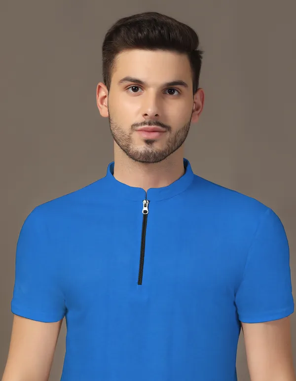 Blue_Cotton_Blend_Mandarin_Collar_Half_Sleeve_T_Shirt_For_Men