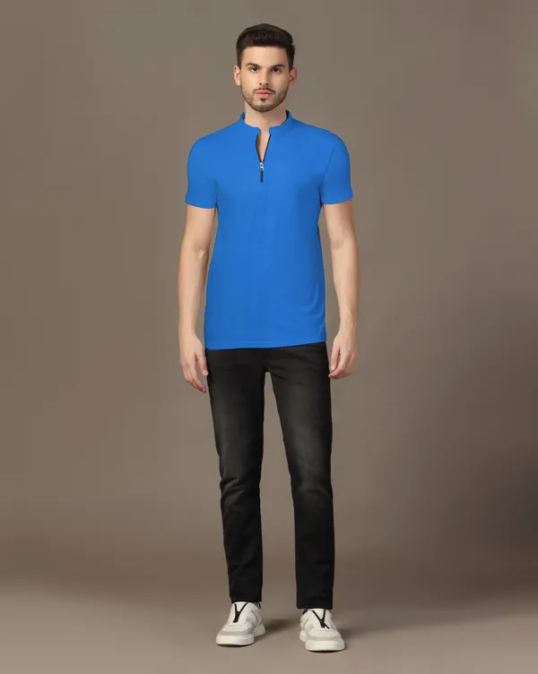 Blue_Cotton_Blend_Mandarin_Collar_Half_Sleeve_T_Shirt_For_Men