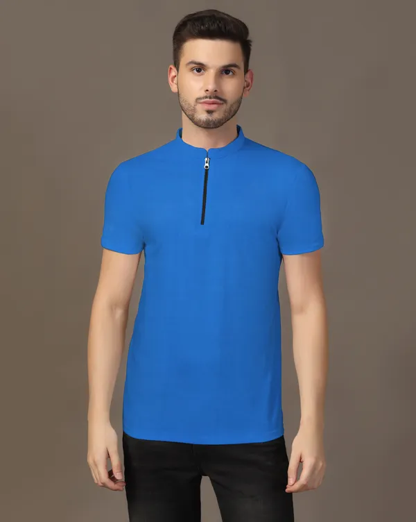 Blue_Cotton_Blend_Mandarin_Collar_Half_Sleeve_T_Shirt_For_Men