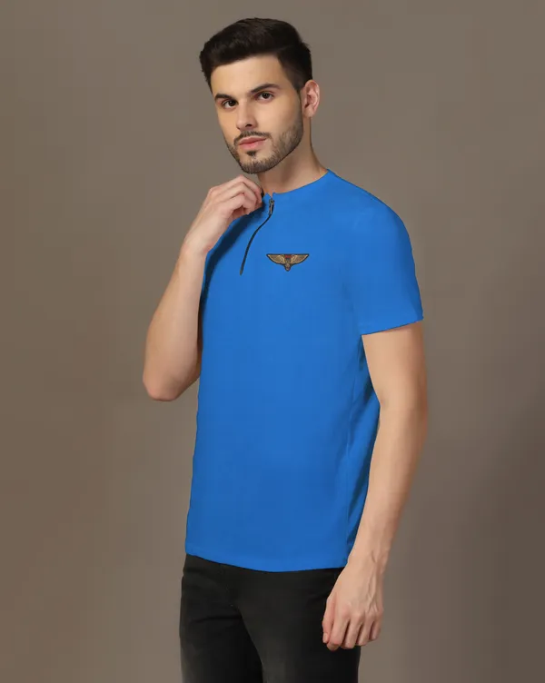 Blue_Cotton_Blend_Mandarin_Collar_Half_Sleeve_T_Shirt_For_Men