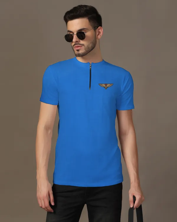 Blue_Cotton_Blend_Mandarin_Collar_Half_Sleeve_T_Shirt_For_Men
