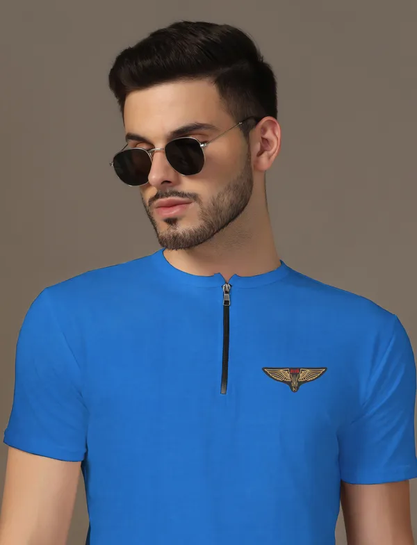 Blue_Cotton_Blend_Mandarin_Collar_Half_Sleeve_T_Shirt_For_Men